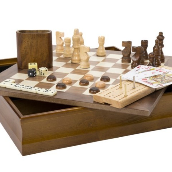 Toy Time 7-in-1 Classic Wooden Board Game Set with Night Cards, Dice, Chess, Checkers, Backgammon for Family 179589CVU